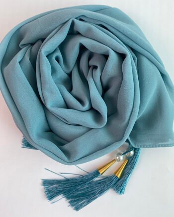 Chiffon Arabic style Teal Scarf with Silk Tassels and Pearls