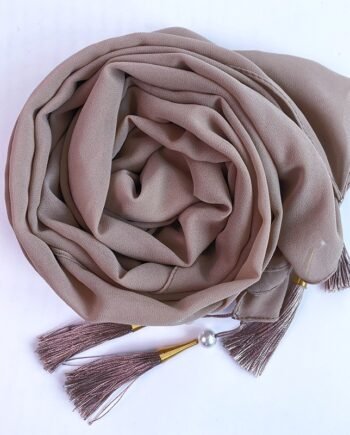 Chiffon Arabic style Tan Scarf with Silk Tassels and Pearls