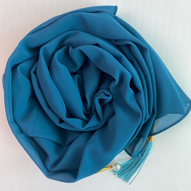 Chiffon Arabic style Neptune Blue Scarf with Silk Tassels and Pearls