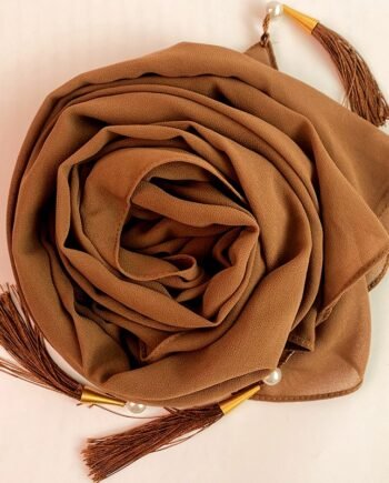 Chiffon Arabic style Caramel Scarf with Silk Tassels and Pearls