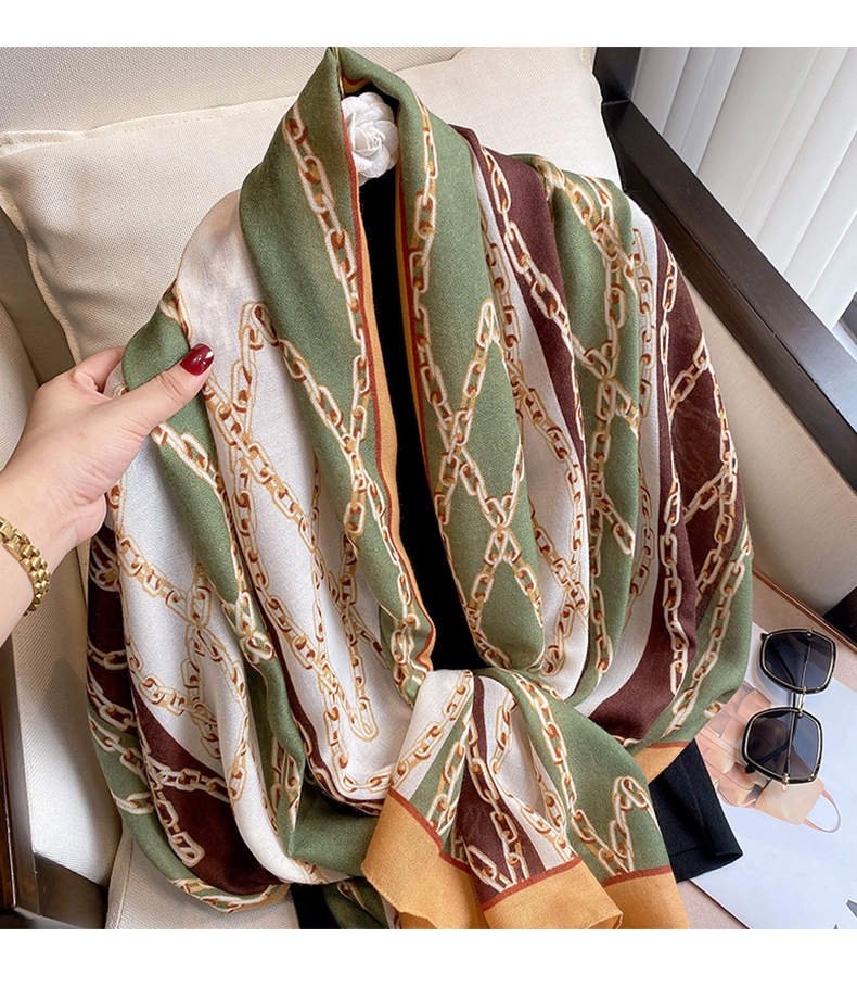 Green Brown Beige with Chain Design Viscose Printed Luxury Scarf