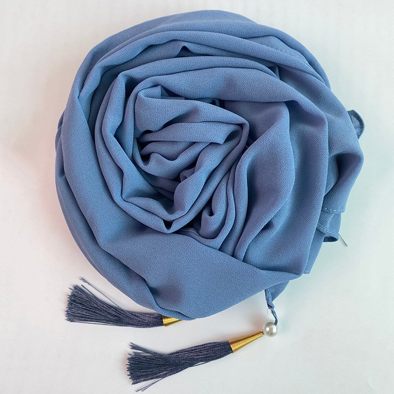 Chiffon Arabic style Dusty Blue Scarf with Silk Tassels and Pearls