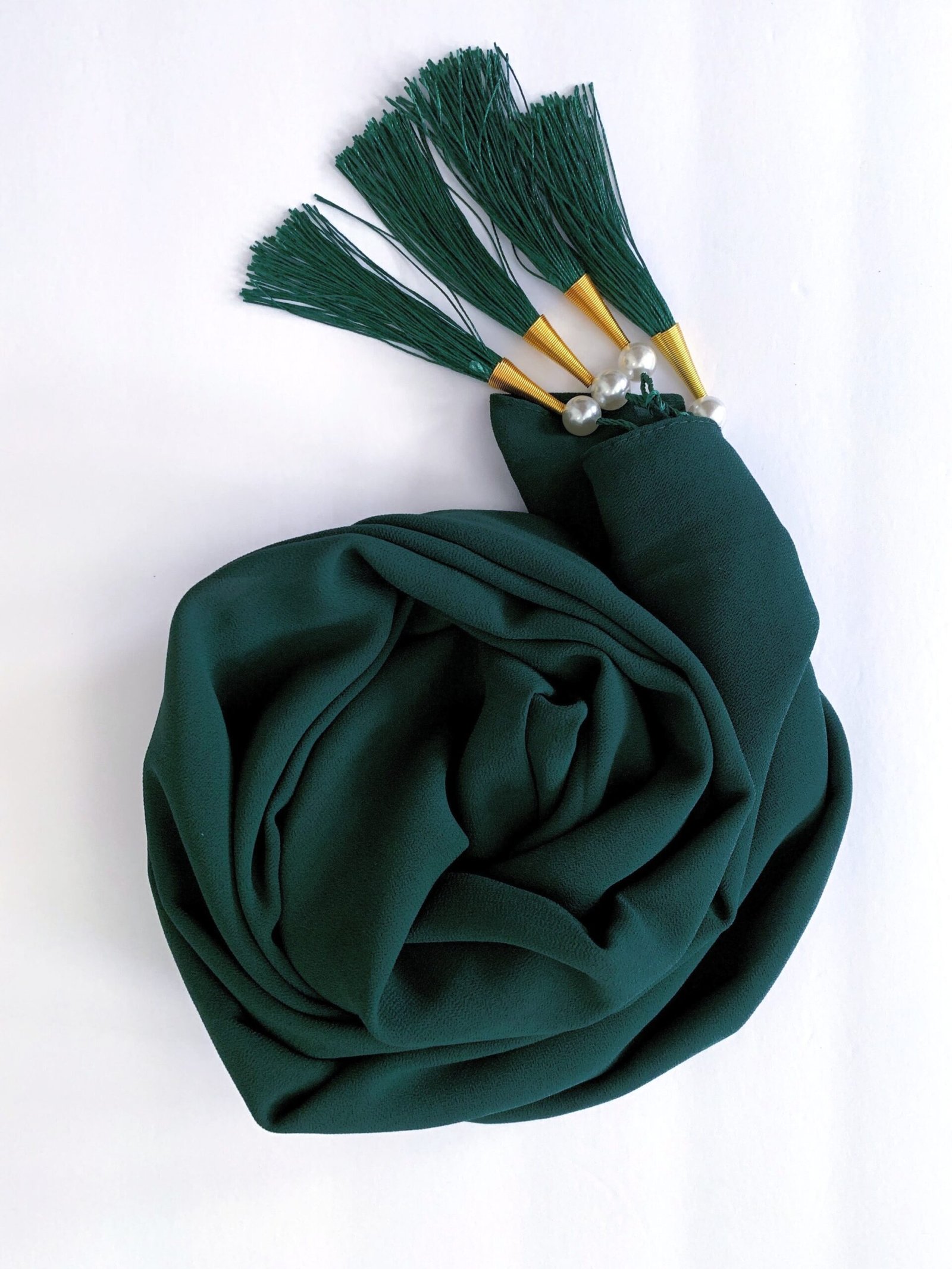 Chiffon Arabic style Forest Green Scarf with Silk Tassels and Pearls