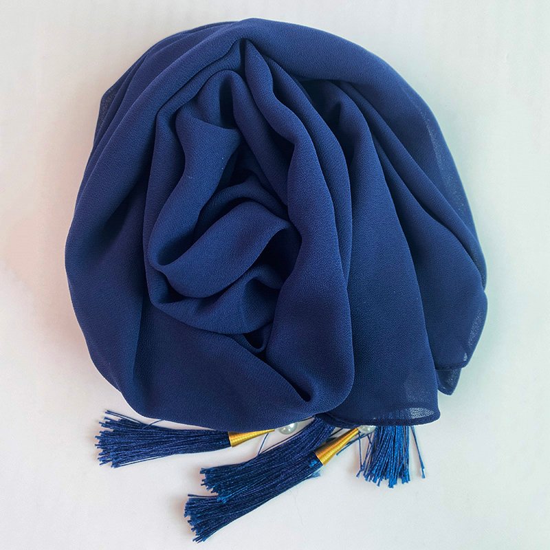 Chiffon Arabic style Navy Blue Scarf with Silk Tassels and Pearls
