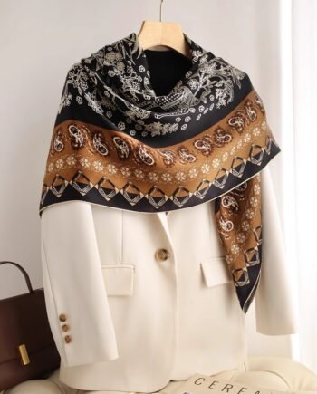 Dark Coffee Flower Silk Square Scarf